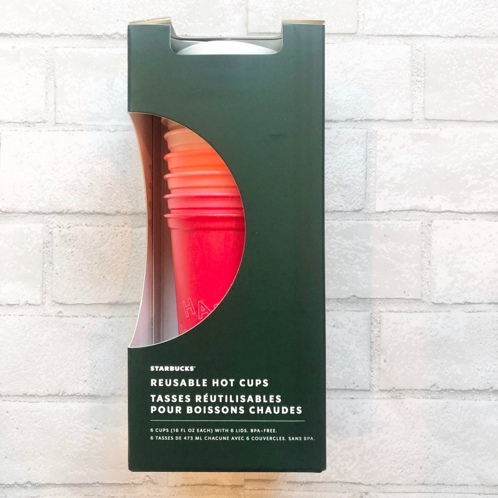 Starbucks 2019 Holiday Reusable Hot Cups 6 Pack Lids 16oz Pink Red NIB